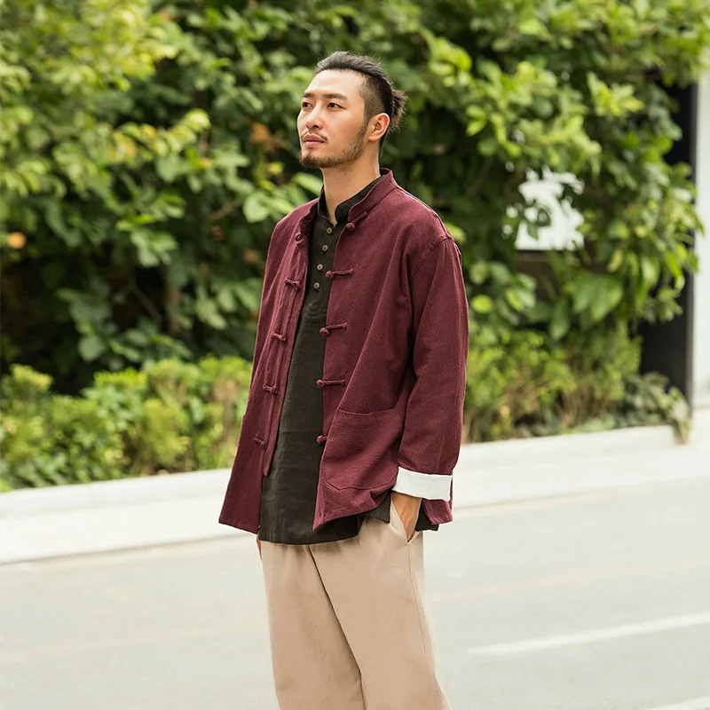 

Spring New Men's Linen Cotton Placket Long Sleeve Casual Solid Color Suit Stand Collar Casual Loose
