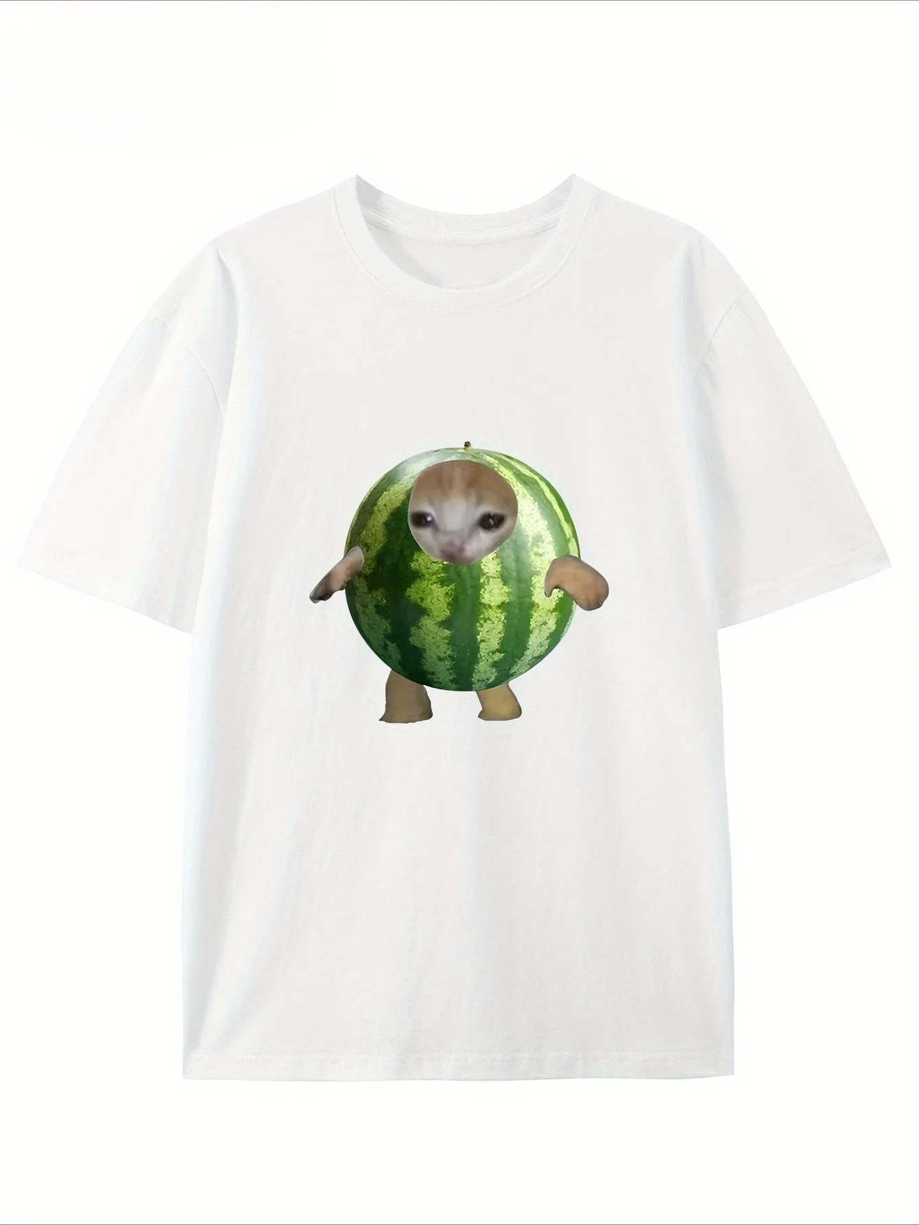 Women's Casual Tee Cute Watermelon Cat Printed Design Short Sleeve Round Neck Soft and Comfortable Streetwear Simple Stylish Tee