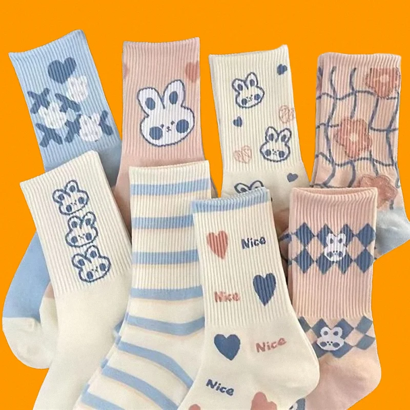 8/16 Pairs Middle-tube Socks Student Socks Women's Versatile High-value Forest Cute Rabbit White Socks Sweet Women's Socks