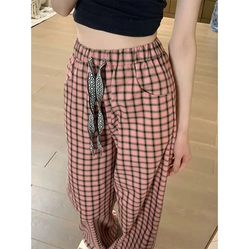 

2024 New Arrival Spring Korean Style Women All-matched Plaid Ankle-length Pants Casual Loose Elastic Waist Straight Pants P06