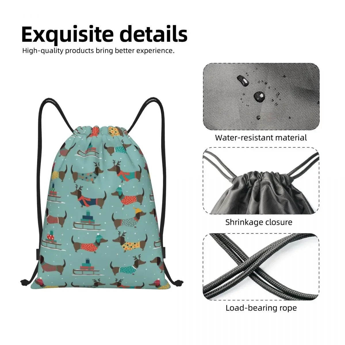 Natal Dachshund Dog Pattern Drawstring Backpack, Sports Gym Bag para homens e mulheres, Funny Pet Sausage Training Sackpack