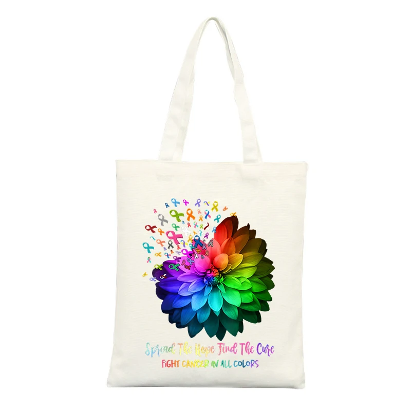 Rainbow Flower and Awareness Ribbon Canvas Tote Bag, Ideal for Casual Daily Use and Awareness Events