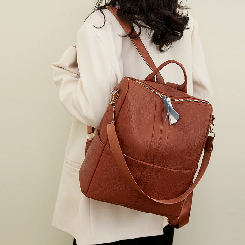 Women's Casual Backpack Soft Leather Fashion Shoulder Bag Retro Designer Girl's Schoolbag Travel Solid Color Backbags Ladies New