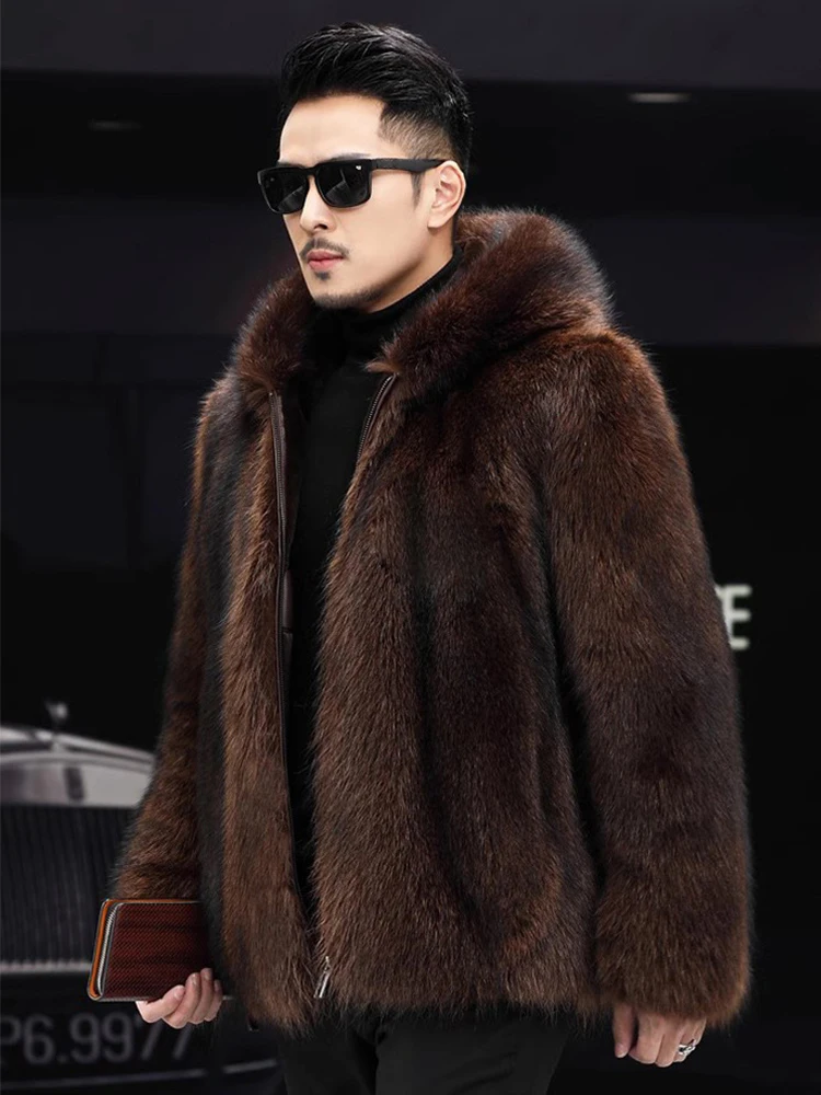 Coffee Fluffy Fur Coat 2024 Luxury Winter Warm Faux Fur Coat Men Zipper Hooded Thicken Fur Jacket Furry Outerwear Large Size