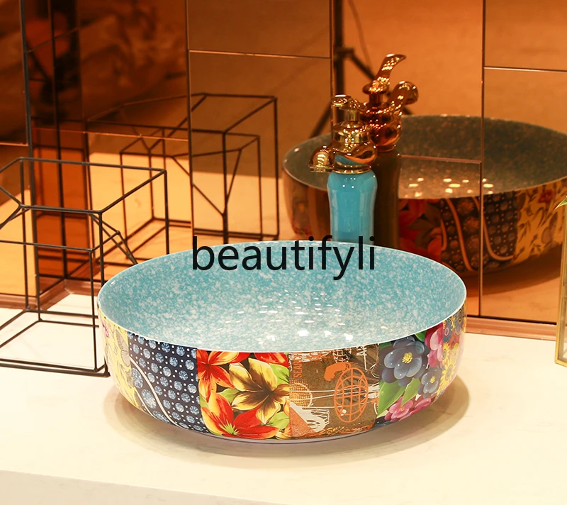 On-stage basin Round wash basin Blue art ceramic basin Small