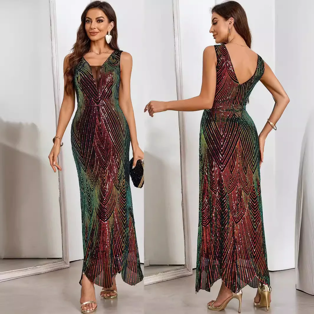 

Women's sexy retro sequined dress summer new evening dress temperament elegant simple high-end clothing new