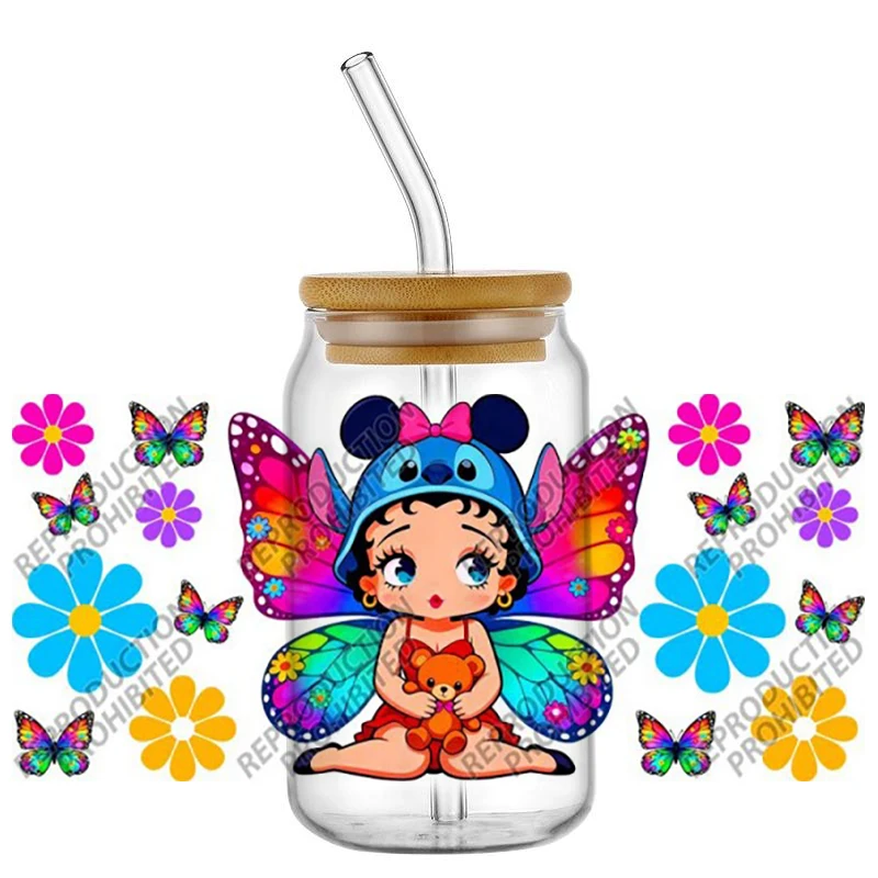 

New Butterfly themed cartoon character Waterproof DIY Decals 3D Transfers Stickers 16oz UV DTF for Glasses cup Wraps