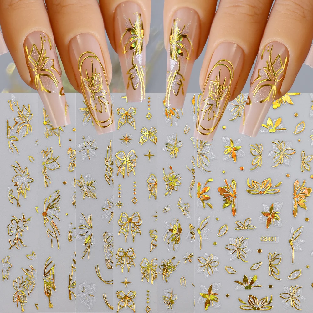 6Pcs/set Rose Laser Butterfly Flower Nail Stickers Bronzing Gold Black Bowtie Nail Decal with Glitters Adhesive Butterfly Nails