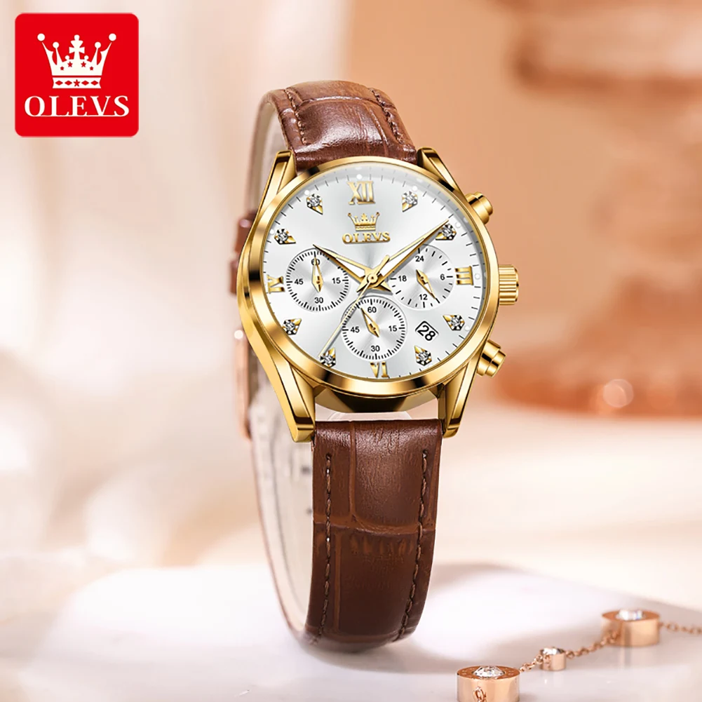 OLEVS Quartz Women Watch Three Eye Chronograph Hand Clock Leather Strap Luminous Waterproof Luxury Brand Quartz Watch for Ladies