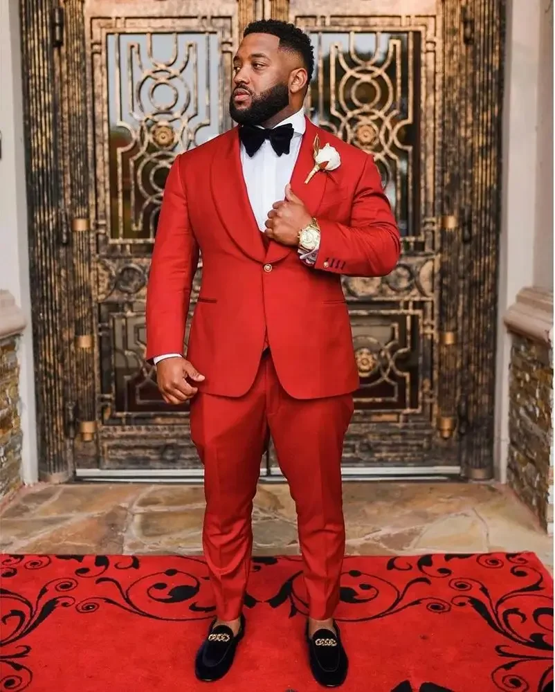 

New Red Men Suits Three Pieces（Jacket +Pants+Vest) One Button Breasted Groom Wedding Prom Party Blazer Set Trajes De Hombre
