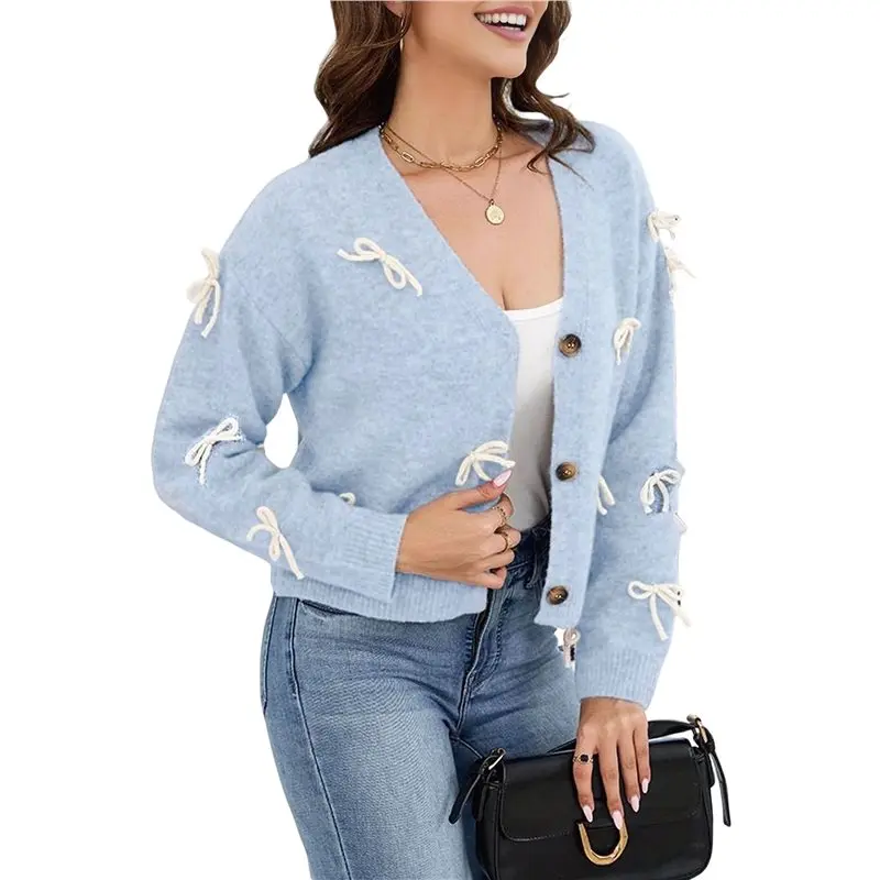 

CYL-Women's Elegant Solid Color Knit Cardigan Bo-W Embellishments, Soft, Warm, & Stylish Fall/Winter Sweater Light Blue M