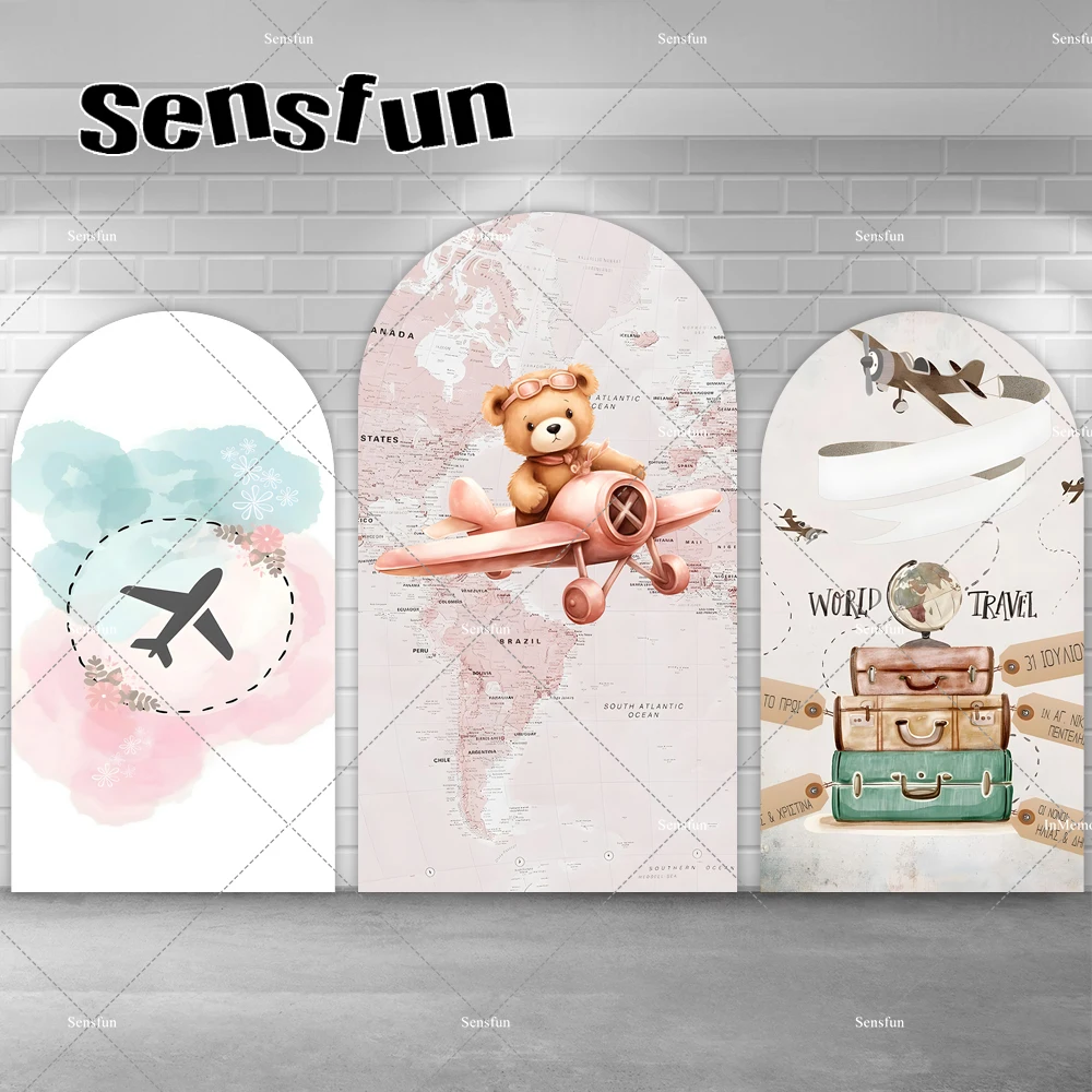 Airplane Bear Baby Shower Arch Backdrop Cover World Map Let the Adventure Begin Background Chiara Wall Banner Doubleside