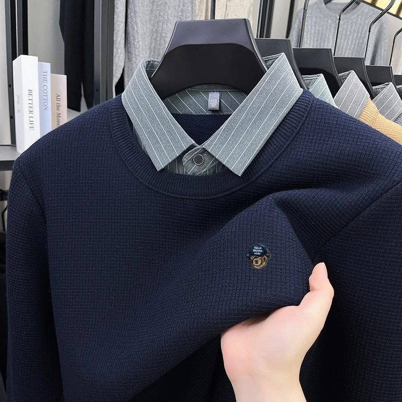 Men's Luxury Autumn Winter High-End False Two-Piece Shirt Collar Embroidery Knit Cartoon Pullover Fashion Leisure Men's Clothing