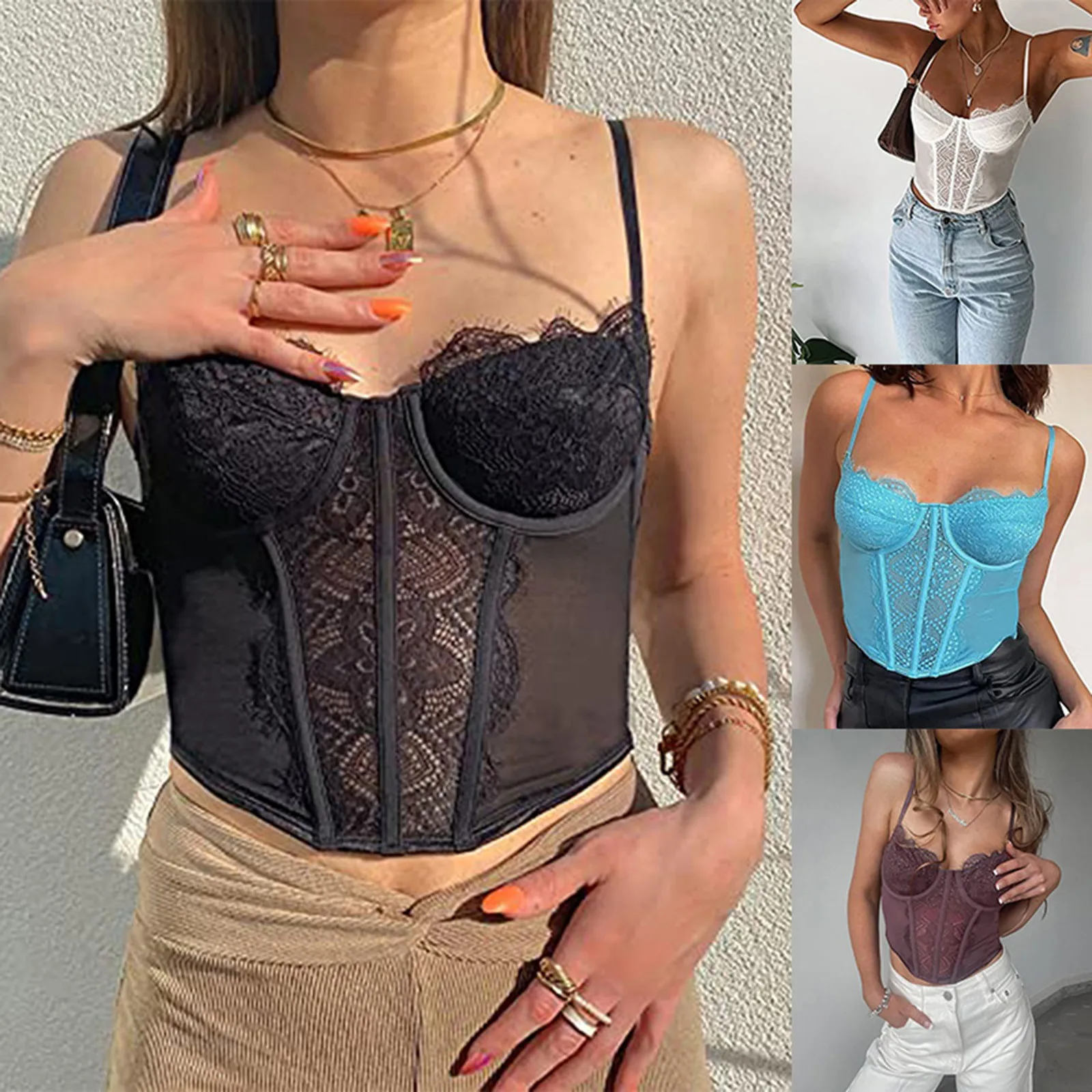 Women\'s Summer Lace Bustier Corset Spaghetti Strap Crop Top Vintage Mesh Boned Going Out Tops Sexy Korset For Female Steampunk