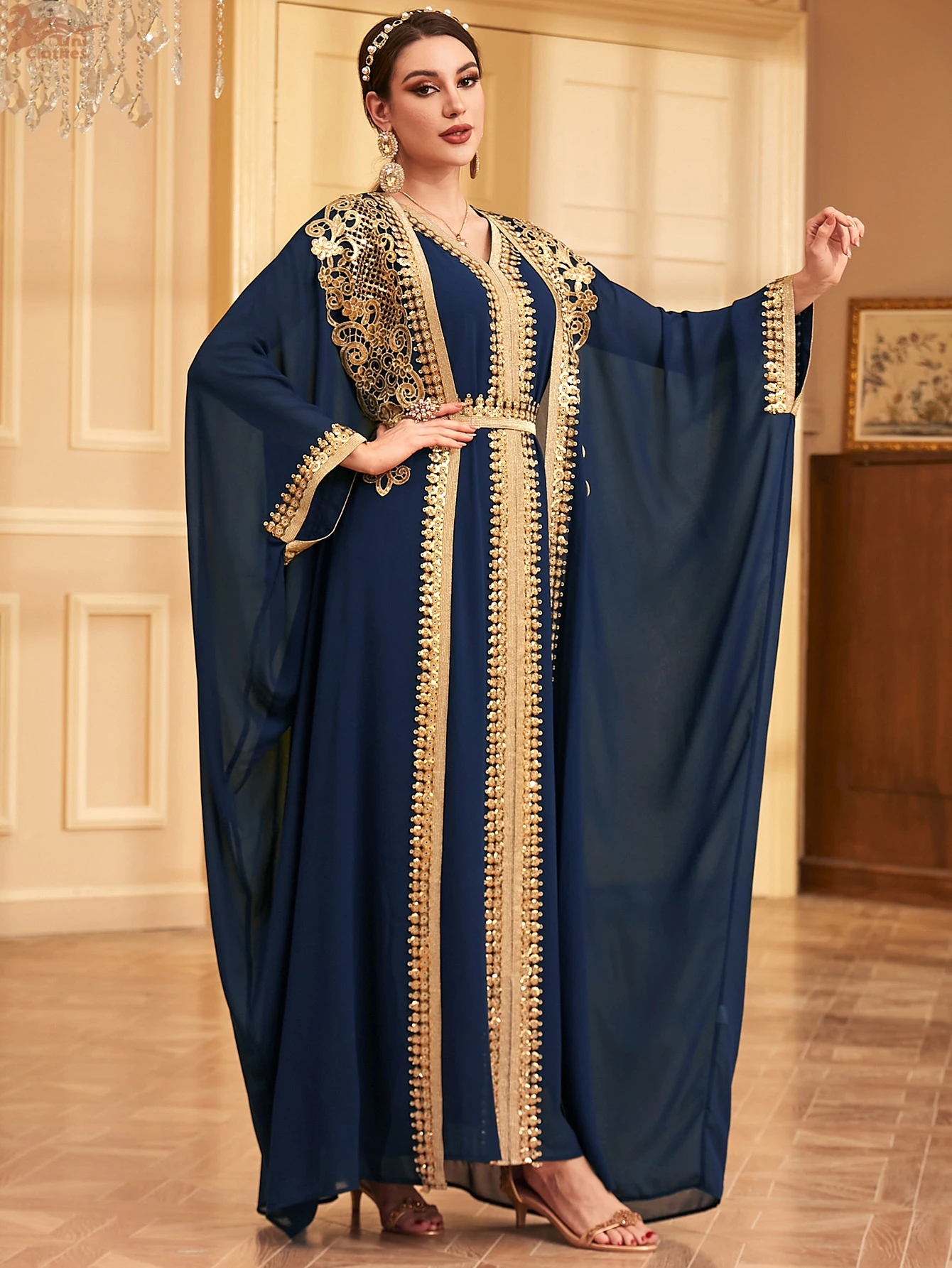 Uni Ramadan Sequins Dubai Abayas Arab Tunics Batwing Sleeve Dresses For Women Gala Two pieces Moroccan Elegant Kebaya