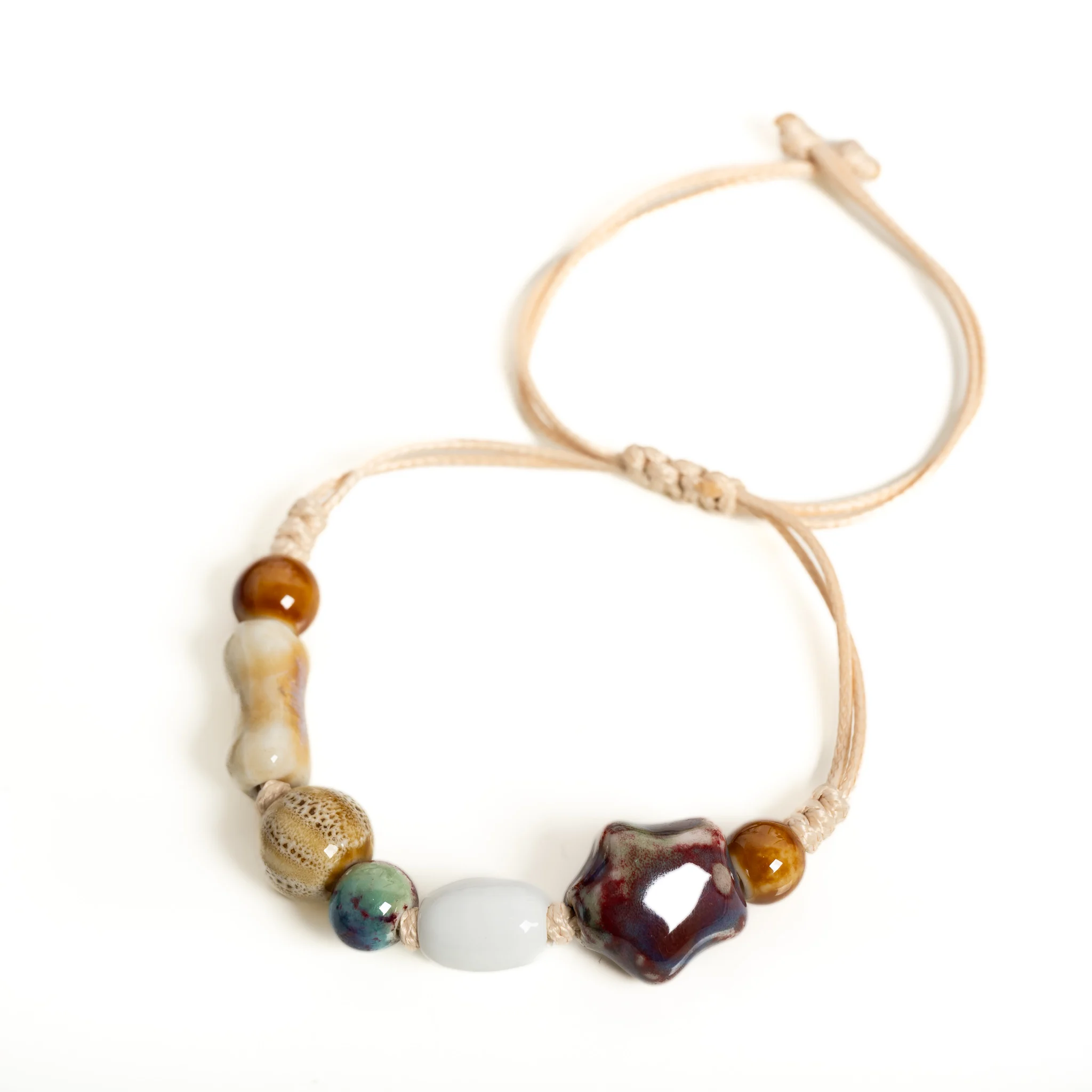 Glazed Ceramic Bead Bracelet for Women with Star and Bone Beads Adjustable Wax Cord S03-255
