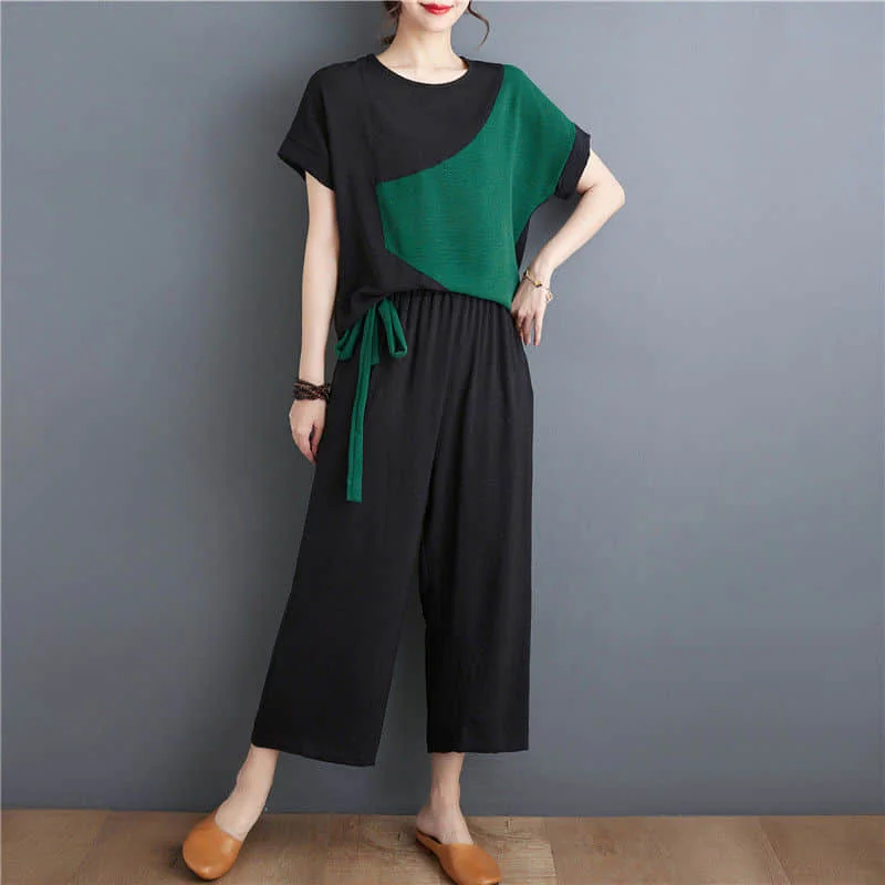 

Художественные брюки, винтажные лоскутные топы с короткими рукавами и повседневные брюки, большие комплекты из двух предметов в корейском стиле, женская одежда