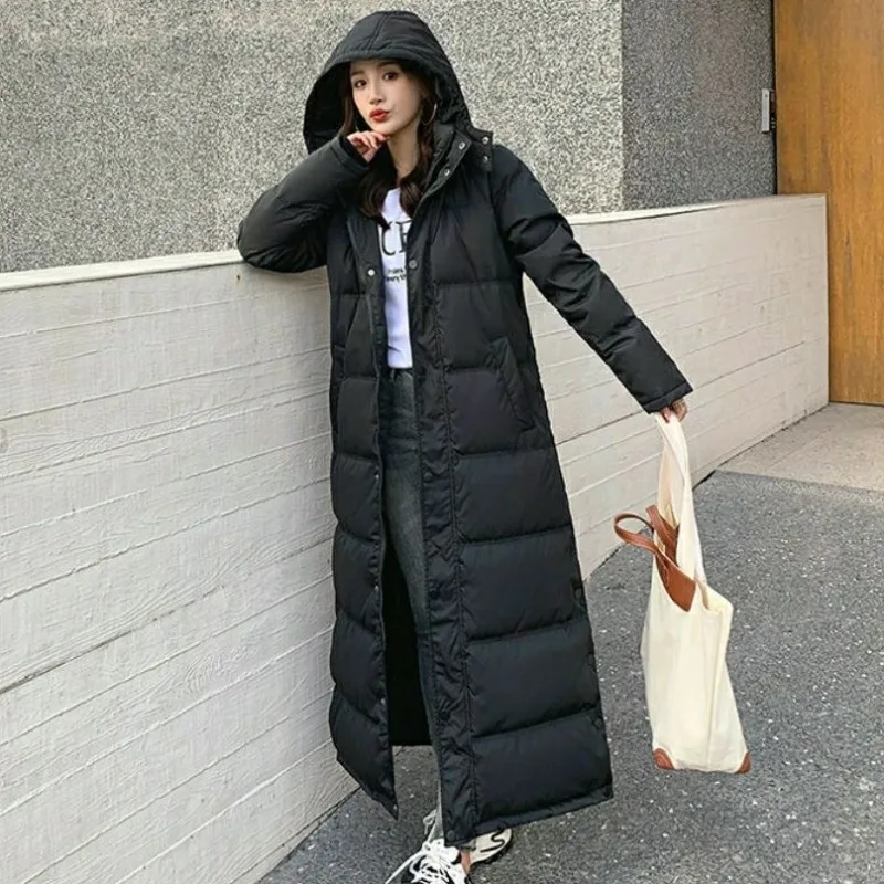 

2023 New Women Down Jacket Winter Coat Female Super Long Over The Knee Parkas Slim-fit Hoodie Outwear Thick Warm Outcoat