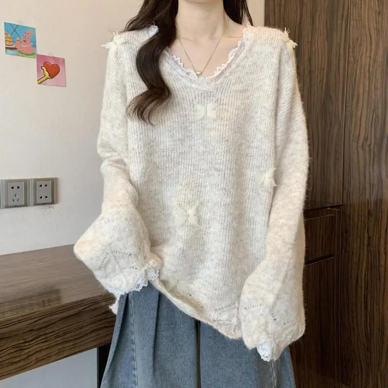 Menina renda borda camisola princesa moda lazer mangas compridas solto de malha anti envelhecimento versátil primavera outono roupas fora