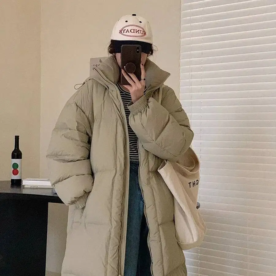 Umi mao grande colcha longa sobre o joelho com capuz jaqueta para mulher 2024 inverno novo solto grosso quente para baixo jaqueta femme