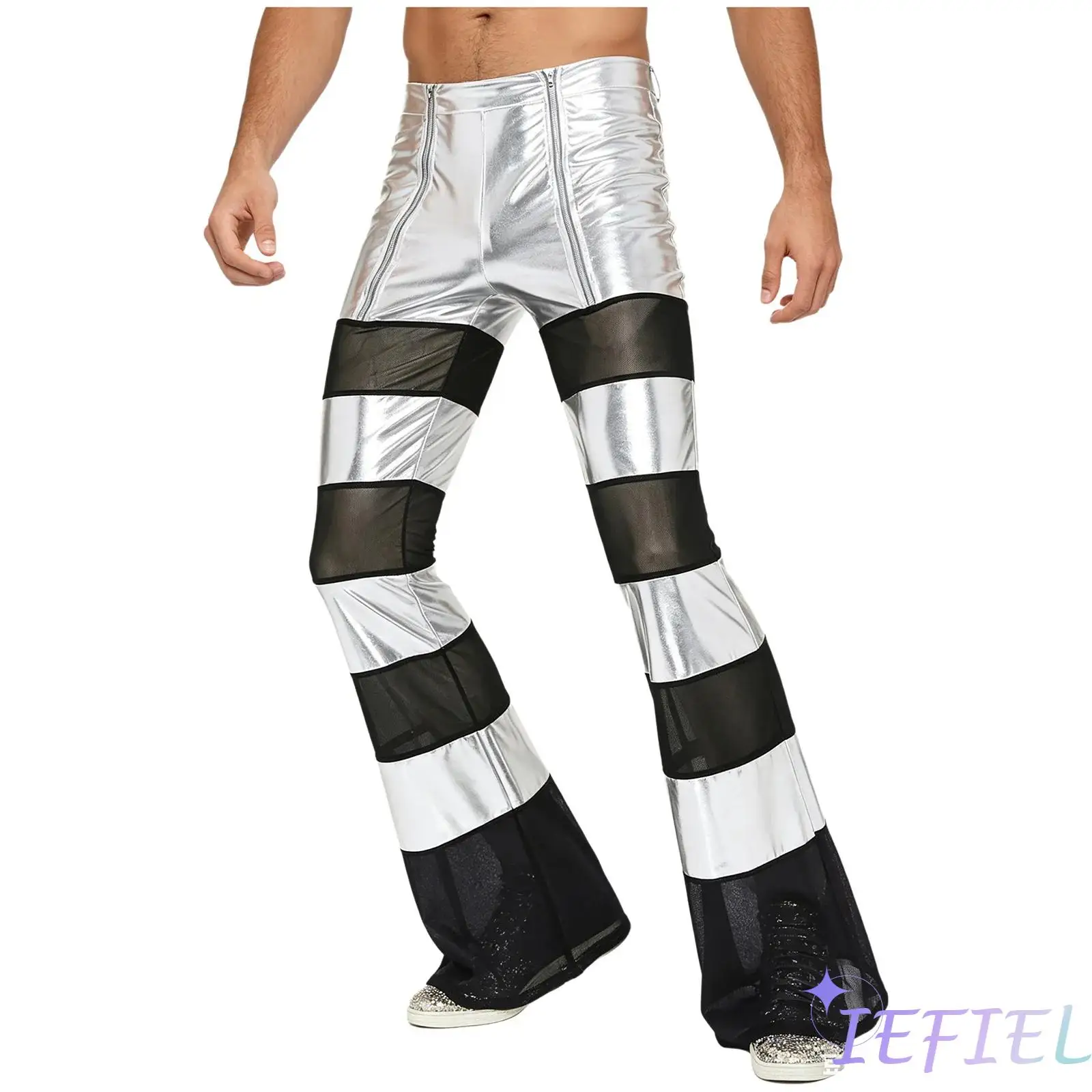 

Men Rave Clubwear Pants 70s Style Metallic Shiny Mesh Patchwork Front Double Zippers Bell Bottom Disco Party Flared Long Pants