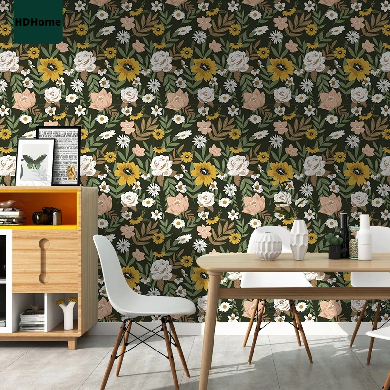 Vintage Large Floral Peel and Stick Wallpaper Removable Daisy Leaf Black/Sand/Oliva Vinyl Self Adhesive Wallpaper Wall Mural