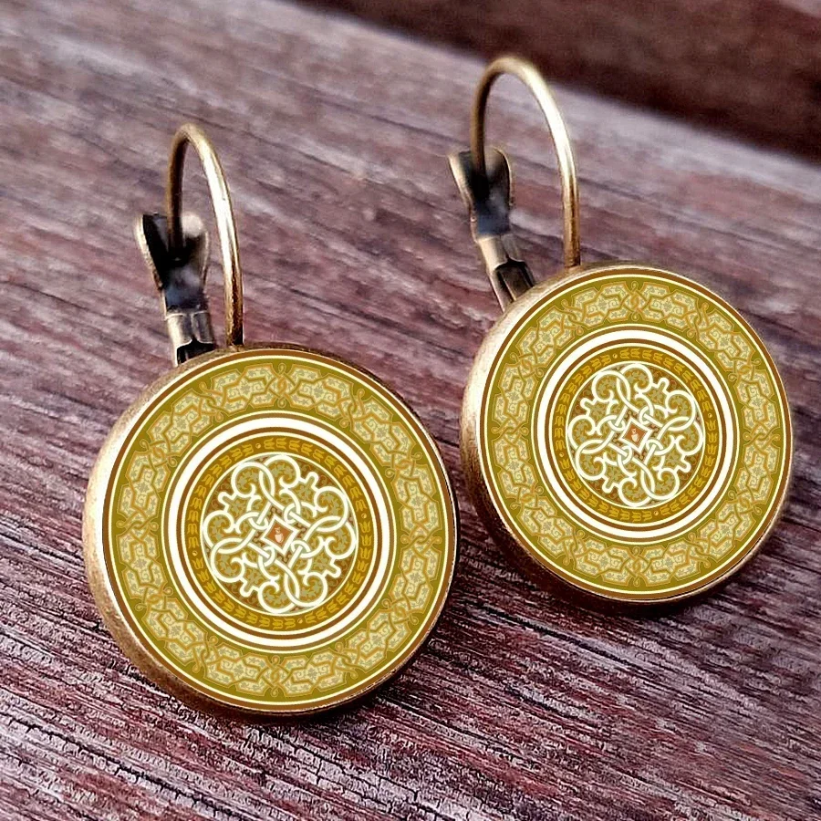 Ancient pattern grotto art glass dome round pendant earrings for women, mysterious vintage pattern earrings for women\'s gifts