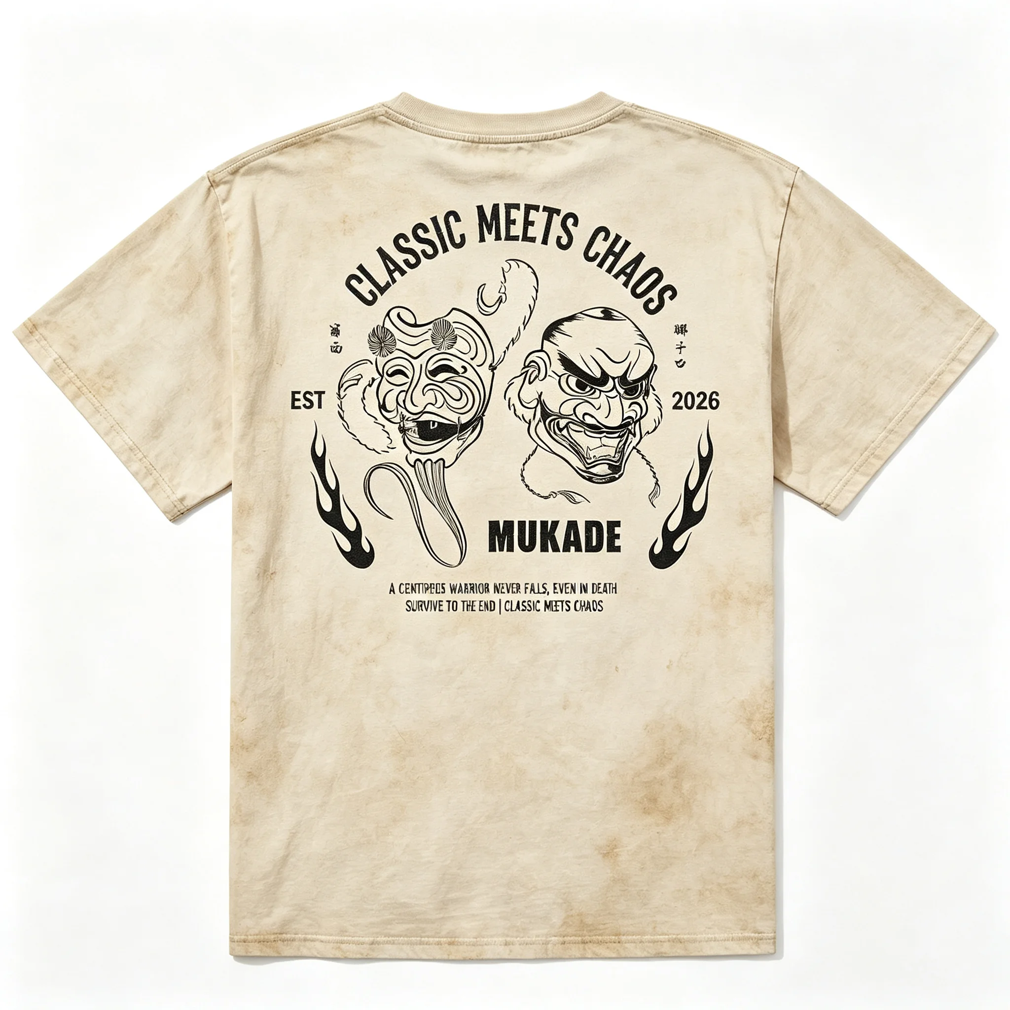 Parent‑Child Matching Oversize T‑Shirt Japanese Oni Mask Flame Retro Font Back Print Oriental Streetwear Cotton Tee Tops