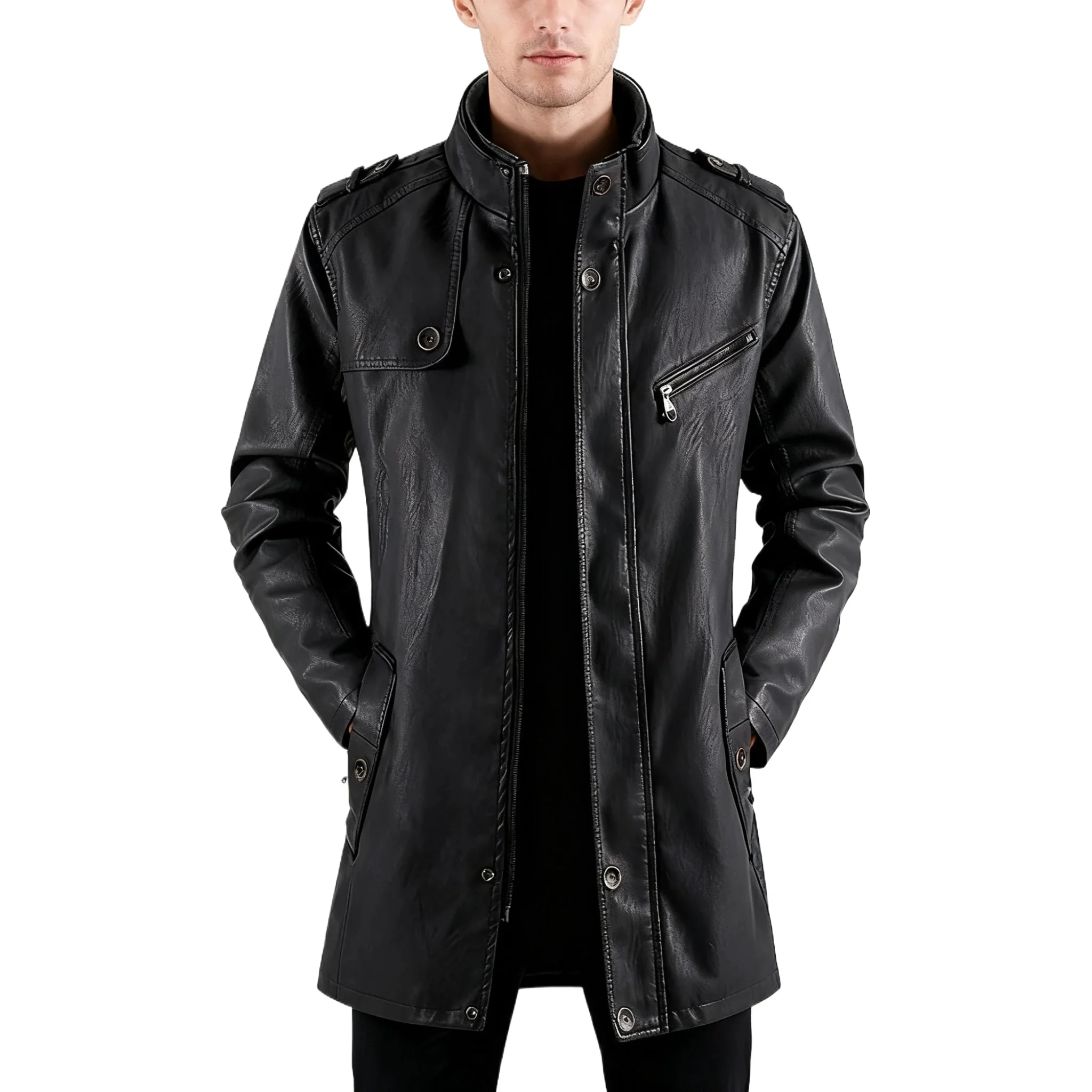 

2025 мужской кожаный плащ, длинная мотоциклетная куртка из искусственной кожи, мужская верхняя одежда, модная осенне-зимняя ветровка