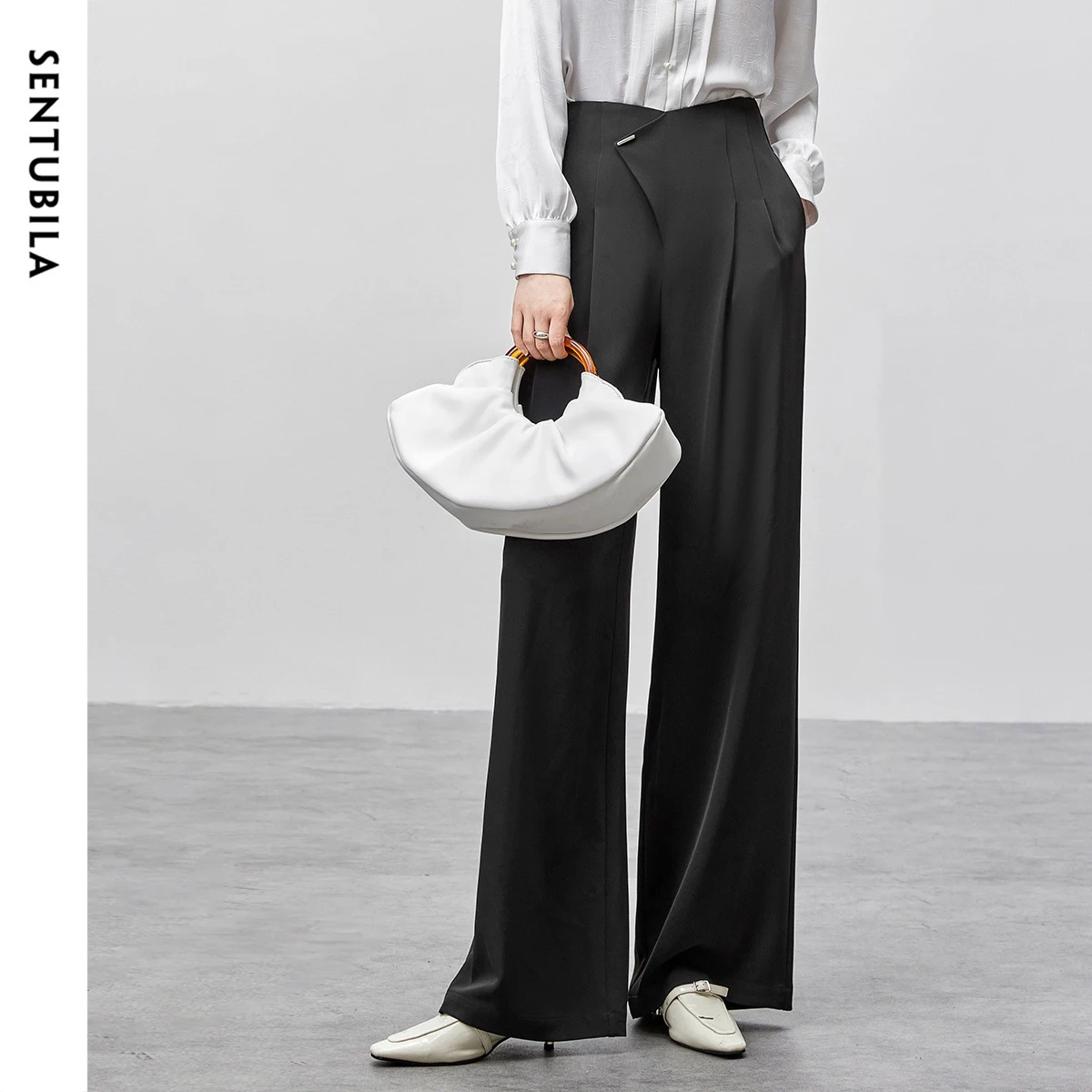 

SENTUBILA Straight Full Length Pant for Women 2024 Autumn High Waist Loose Metal Button Solid Folds Long Women Trouers 143K55798