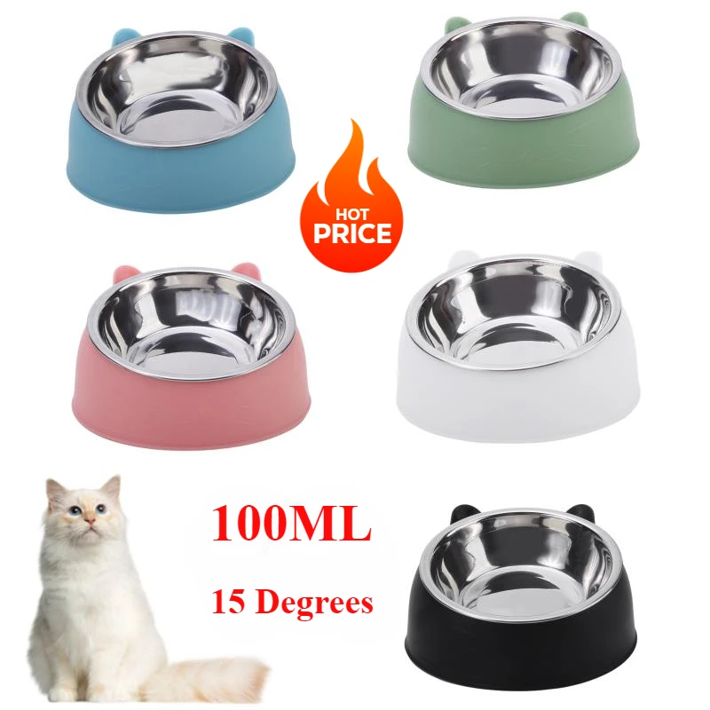 Cat Dog Bowl 15 Degrees Raised Non Slip Puppy Base Cat Food Drinking Water Feeder Tilt Safeguard Neck Pet Bowl Accessories 100ML