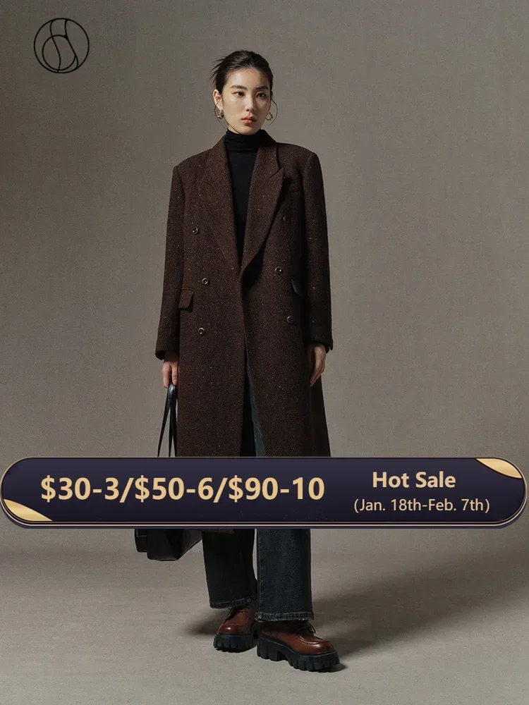 DUSHU Retro Sense Dark Coffee Brown Color Double Breasted Long Wool Coat for Women 2023 Winter Chic Design Woolen Coat Female