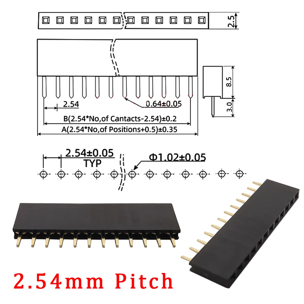 10Pcs Gold Plated 2.54mm Pitch Single Row Female 2~40P PCB Socket Board Pin Header Connector Strip Pinheader for Pcb Breadboard
