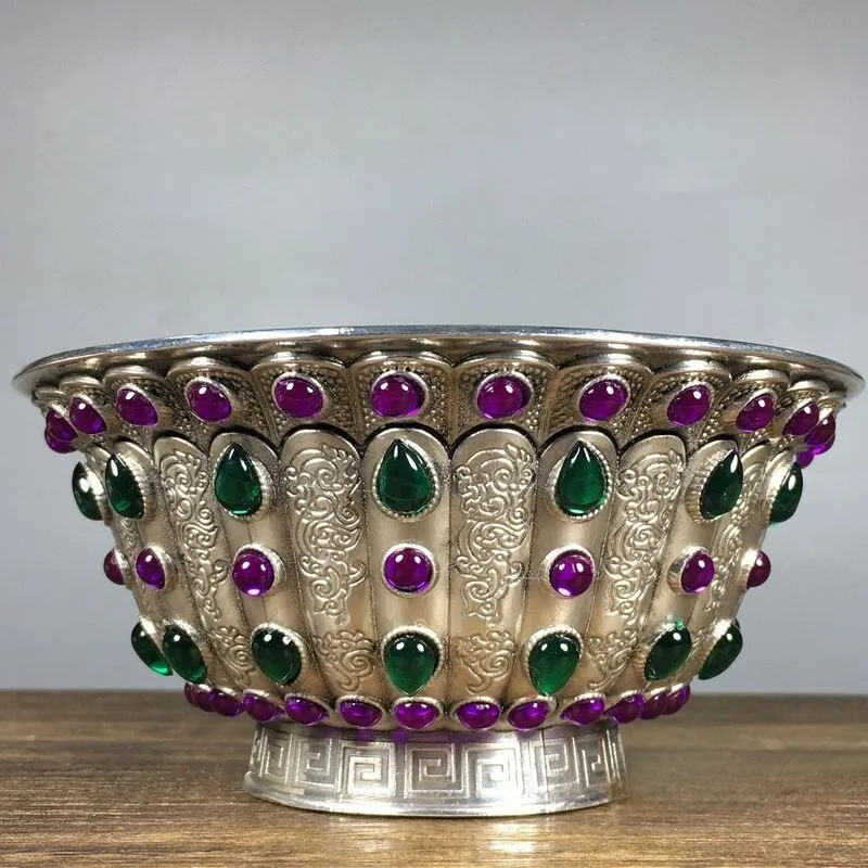 Rare Qianlong silver-plated inlaid gemstone alloy copper bowl cornucopia for rice decoration antique ornaments