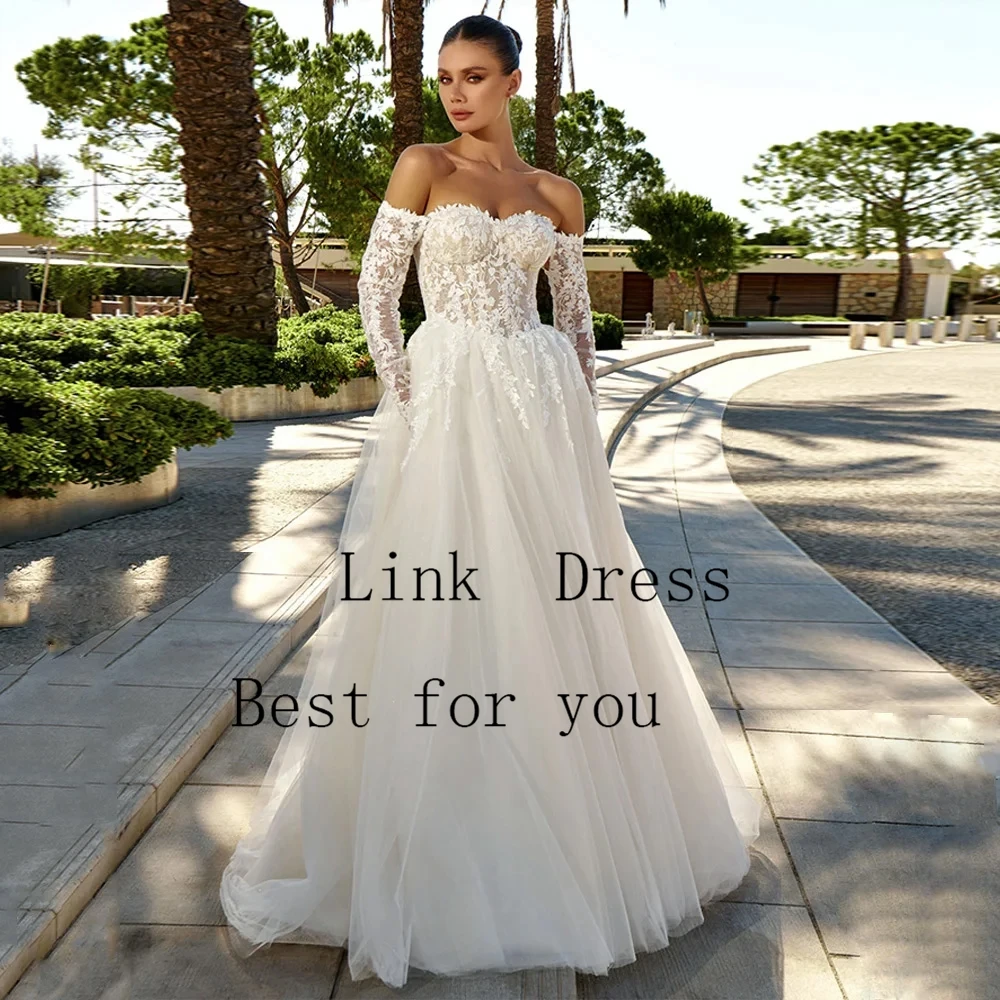 Off Shoulder Wedding Dresses for Ladies Elegant Beach Bridal Gowns with Lace Exquisite Full Sleeve Vestidos De Novia Summer New
