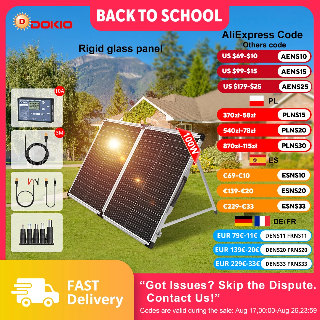 DOKIO 100W/160W/200W 18V Glas-Faltbares Monokristallines Wasserdichtes Solarmodul-Koffer mit 12V-Controller-Kit aus China
