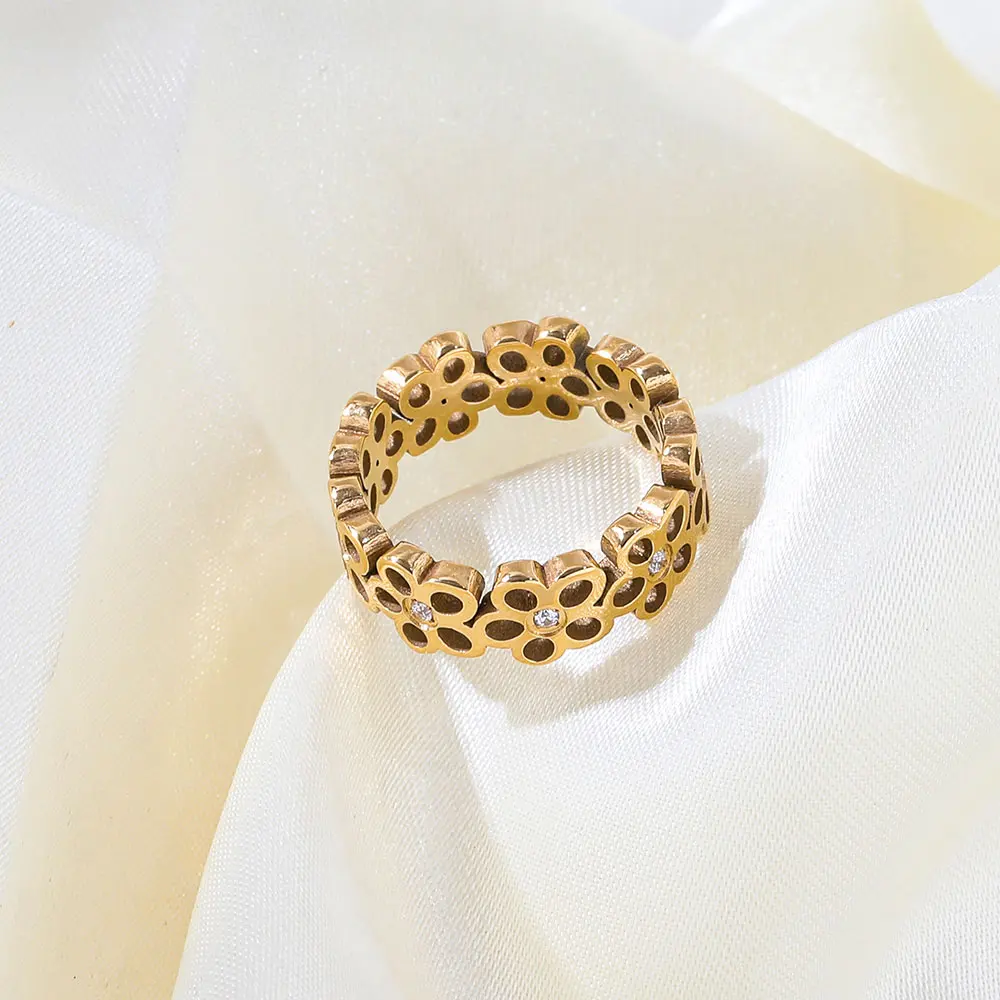 Joolim High End PVD Waterproof&Non Tarnish Fashion Cute Hollow Flower Zirconia Ring for Women Stainless Steel Jewelry Wholesale