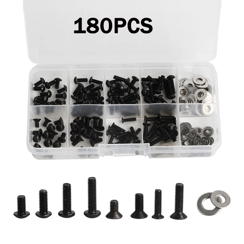 180Pcs Black Carbon Steel Screws Box Set For 1/10 HSP Remote Control RC Car Parts Bolts and Nuts with Flat Washer Hardware Parts