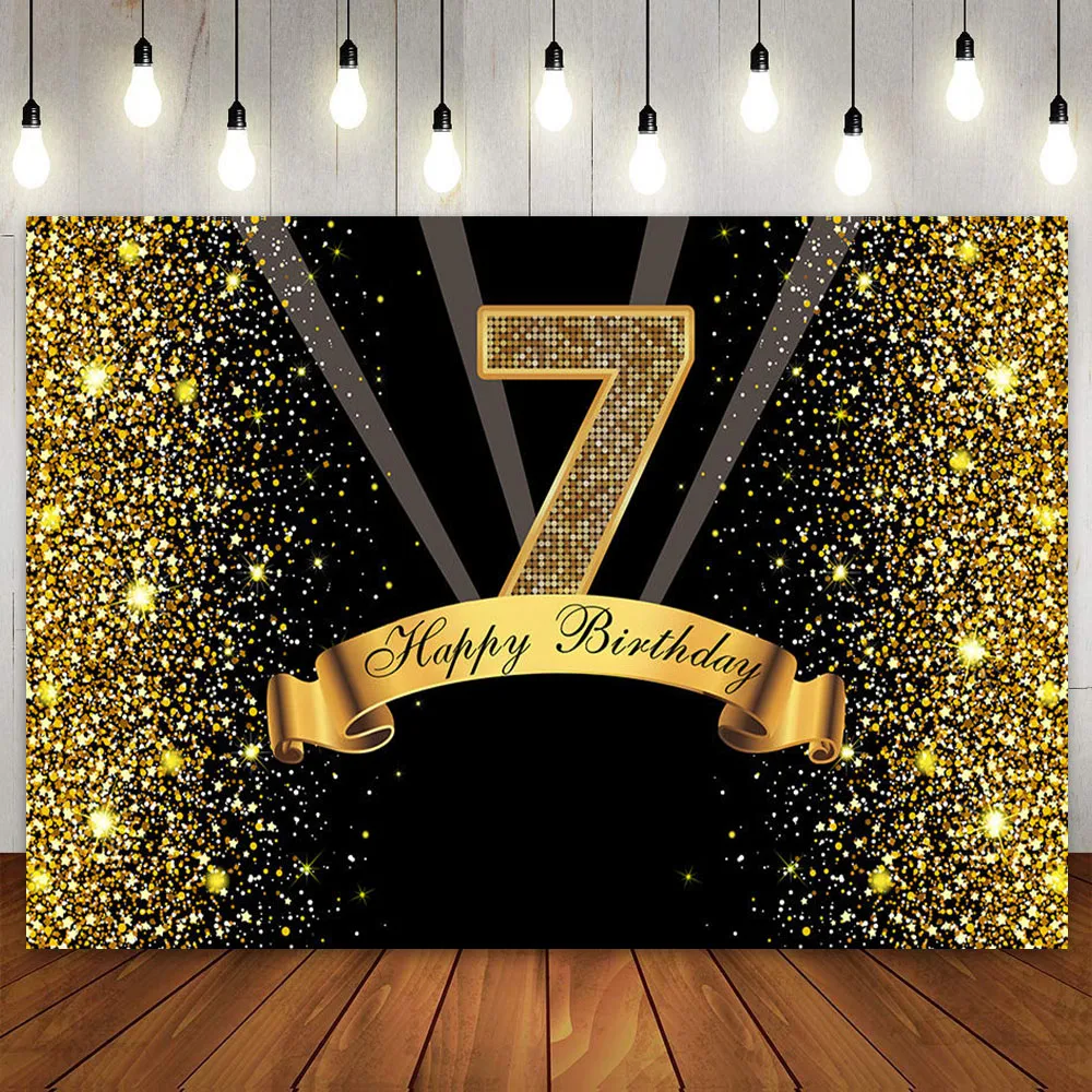 

Happy 7th Birthday Party Decoration Backdrop Black and Gold Stars Photo Photography Background for Kids Boys Girls 7 Years Old