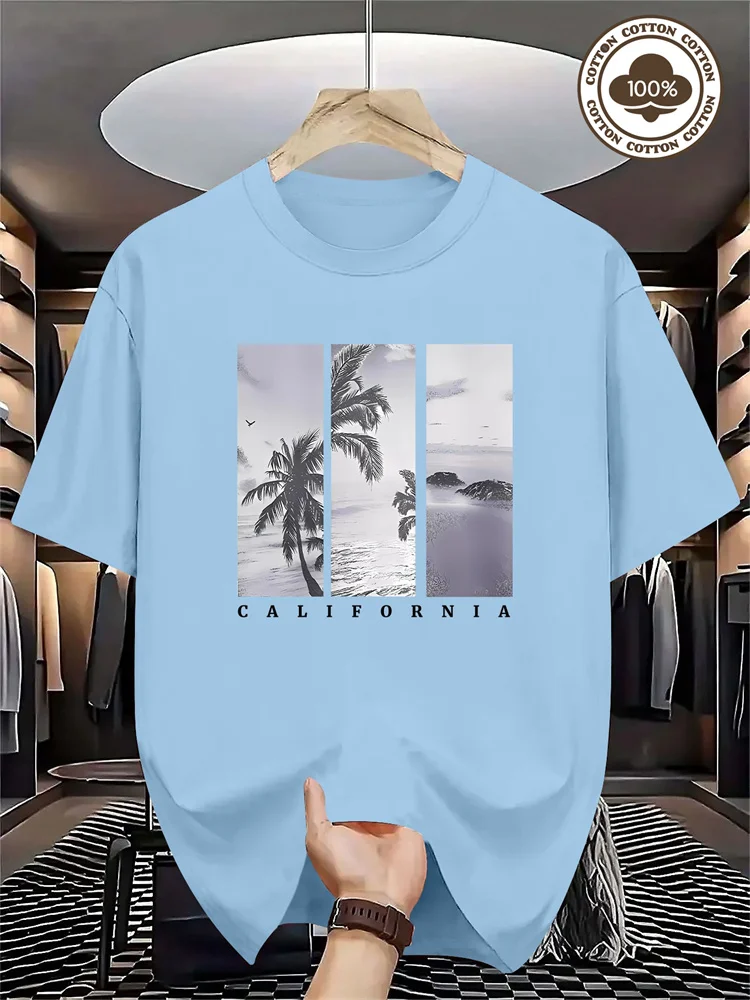 تي شيرت رجالي مطبوع عليه شجرة النخيل في كاليفورنيا ونمط المحيط من القطن الخالص بأكمام قصيرة، بلوفر صيفي كاجوال برقبة دائرية S-2XL