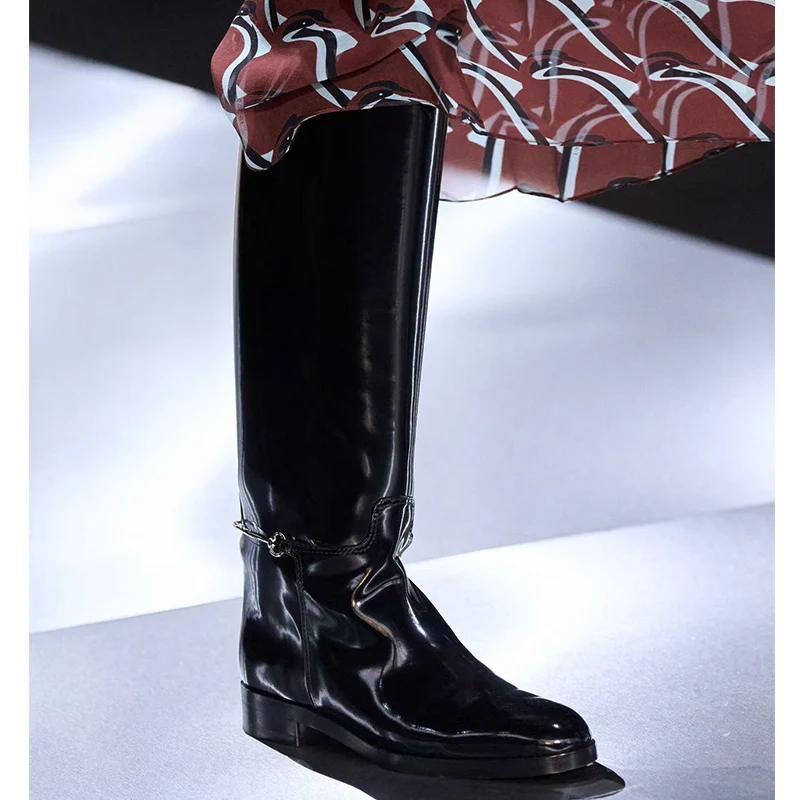 Claret Round Toe Metal Decoration Flat Heel Knee-High Boots Woman Winter 2025 New In Black Slip-On Boots Fashion Shoes for Women