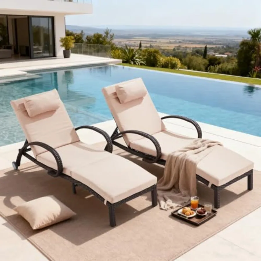 

Pool Outdoor Lounge Chairs Set of 2, Outdoor Chaise Lounge w/ 5 Adjustable Back, Wicker Patio Pool Lounge Chair with Wheels for