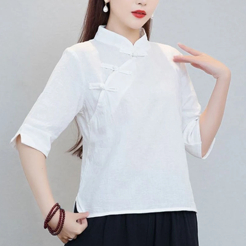2023 Summer New Cotton Hemp Chinese Style Shirt Women Round Neck Half Sleeve Solid Color Pullovers Fashion Casual All-match Tops