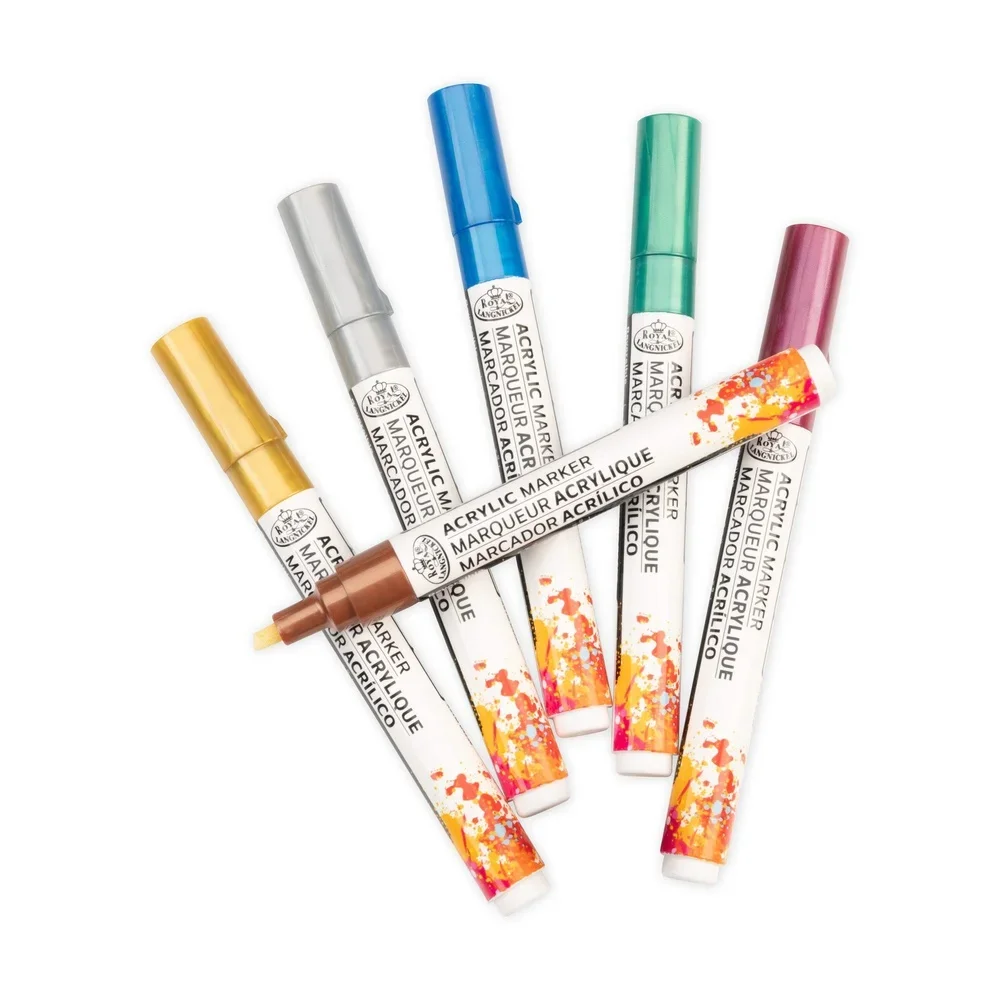 6 Piece Acrylic Reversible Tip Metallic Art Markers Non-Toxic Multi-Surface Craft Pens Fine Detail Illustration Drawing