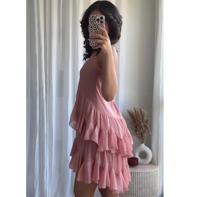 Asymetryczna sukienka z falbanką na imprezę na lato z dekoltem w szpic w jednolitym kolorze różowa moda damska sukienka wsuwana Streetwear wakacyjne ubrania damskie