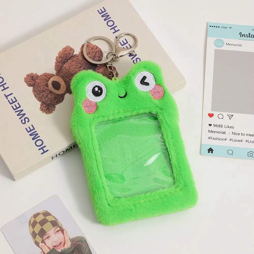 Animal Plush Photocard Holder Creative Mini Korean Style Card Protector Case with Keychain Solid Color Kawaii Card Cover Boy