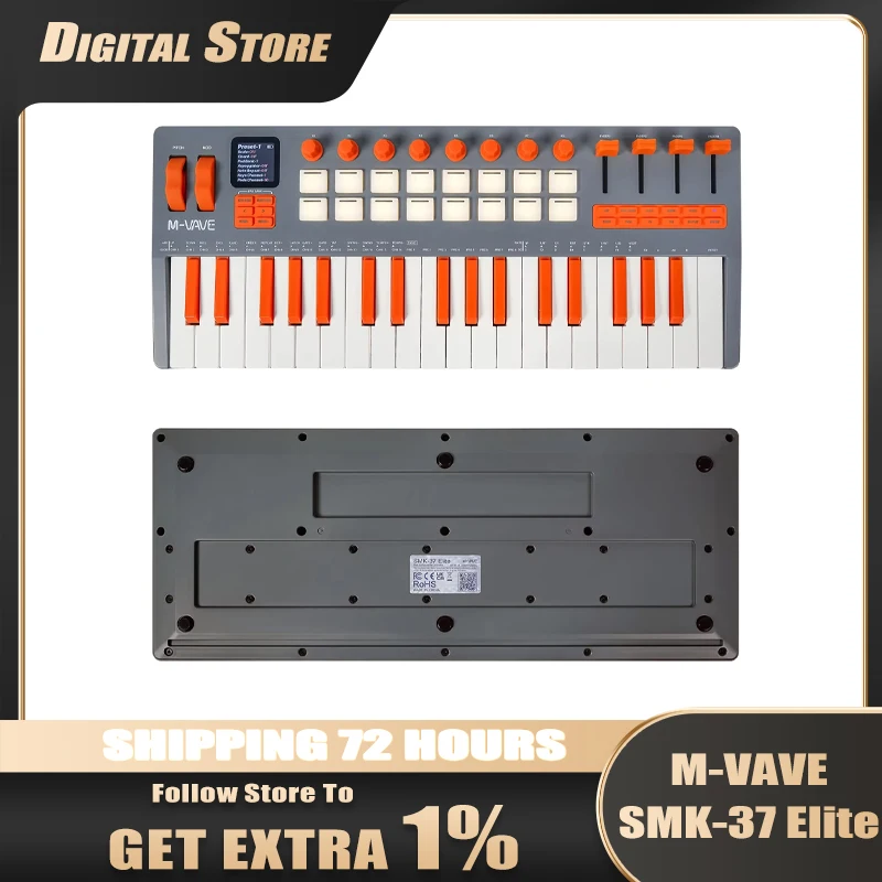 M-VAVE SMK-37 Elite MIDI Keyboard,37 Keys,16 RGB Pads,8 Encoders,Built-in Synthesizer,Battery Powered,for DAW,iOS,Windows & Mac