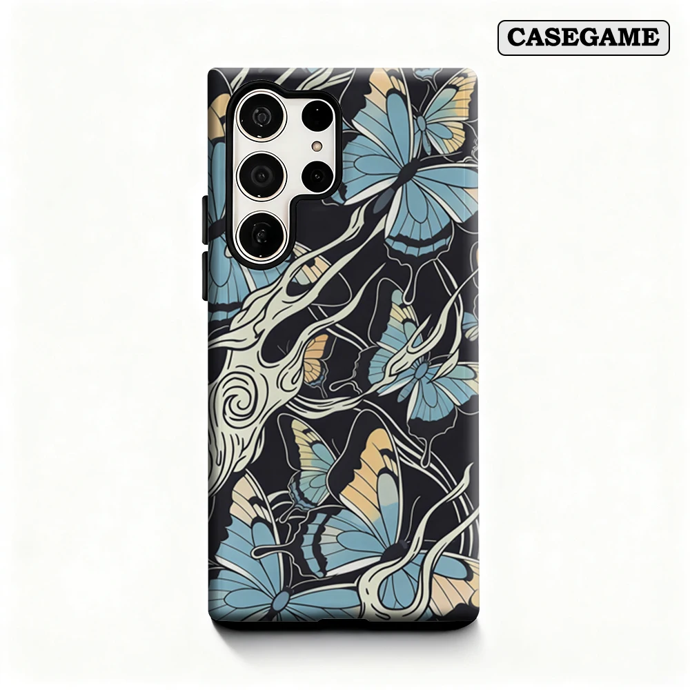 Casegame Phone Case for Samsung Galaxy S25 S26 Ultra S24 S23 Ultra Plus Shockproof Double Layer Blue Butterfly Swirl Cover