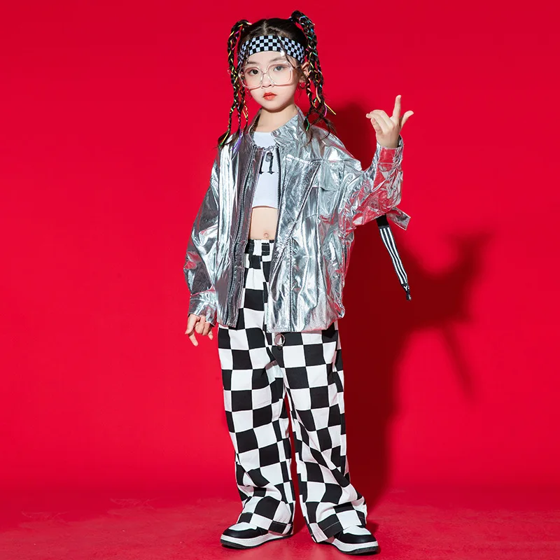طفل الهيب هوب الملابس الفضة بو دراجة نارية سترة معطف أعلى متقلب عارضة السراويل واسعة للفتيات الفتيان الجاز ملابس رقص الملابس