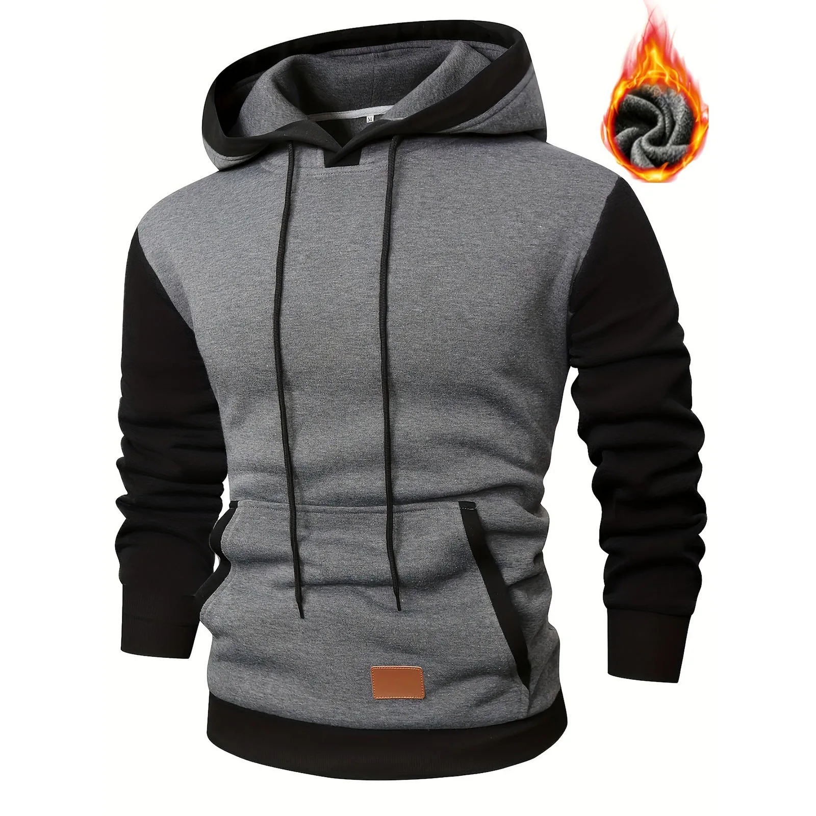 Autumn Winter Trend Long Sleeved Hooded Sweatshirt Men Casual Outdoor Color Block Pullover Pocket Drawstring Street Hoodies